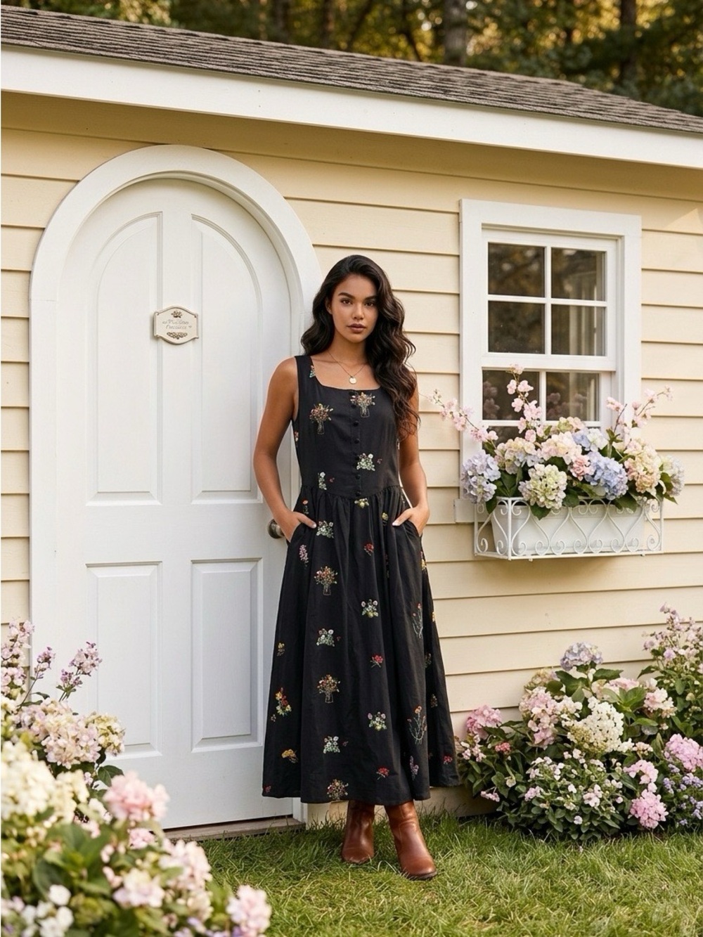 Black Floral Maxi Dress with Square Neck and Pockets